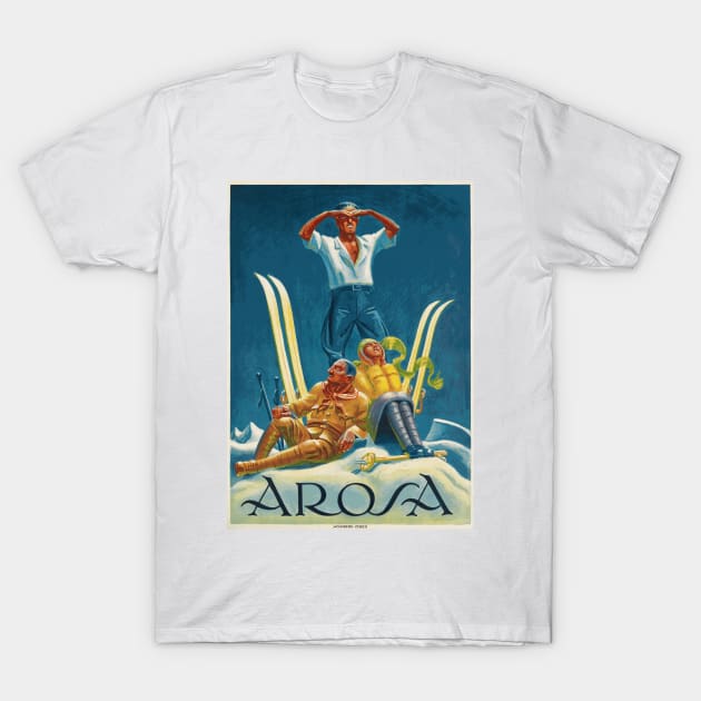 Skiing in Arosa, Switzerland - Vintage Swiss Travel Poster T-Shirt by Naves